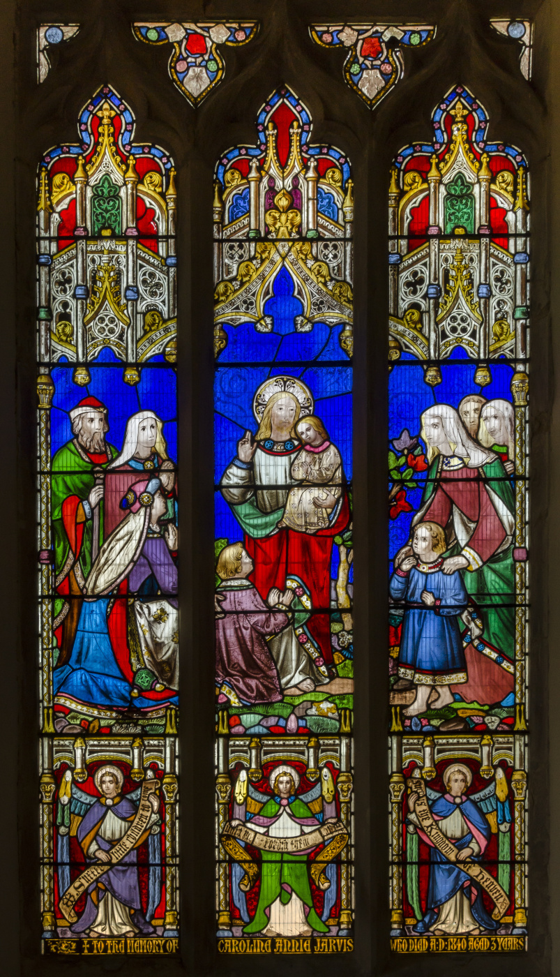 William Morris. Blessing of children. Stained glass of St. Peter's Church in Doddington