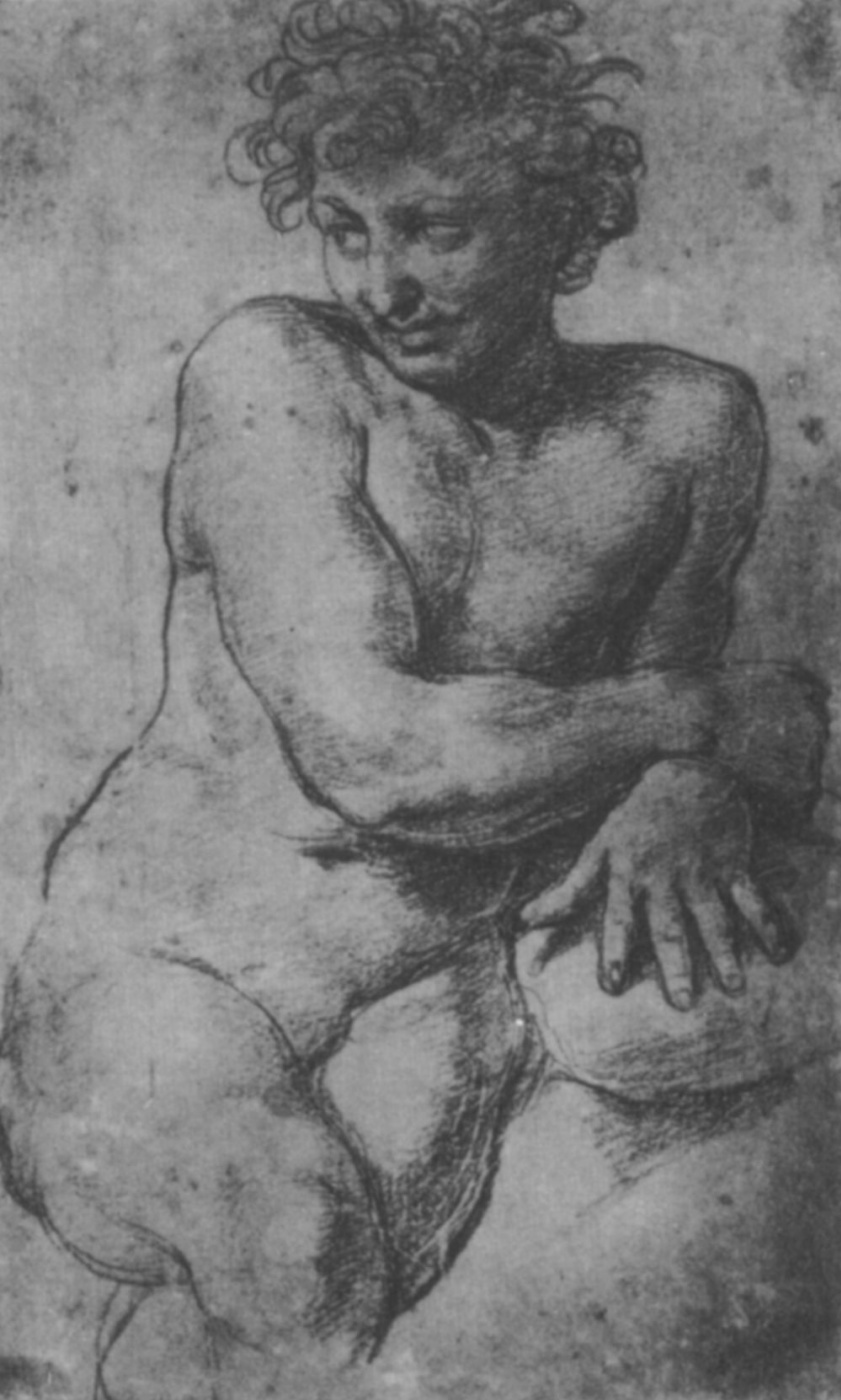 Raphael Sanzio. Sitting naked young man. Sketch the image of Pluto, for painting of the loggia of psyche