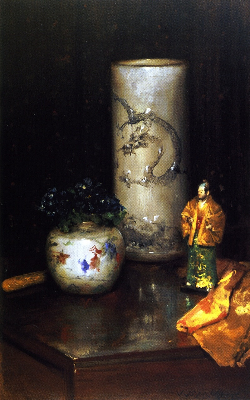 William Merritt Chase. Still life with violets and a Chinese vase