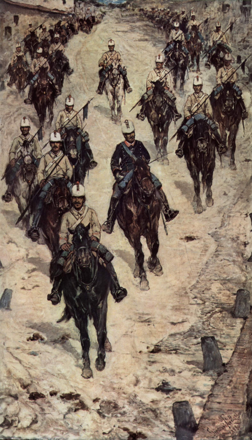 Giovanni Fattori. Cavalry regiment in the village street