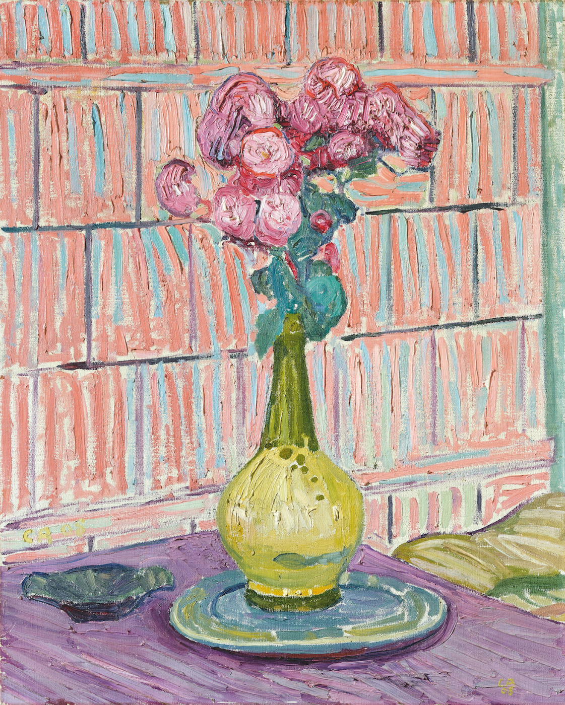 Cuno Amiet. Rose bouquet on the background of bookshelves