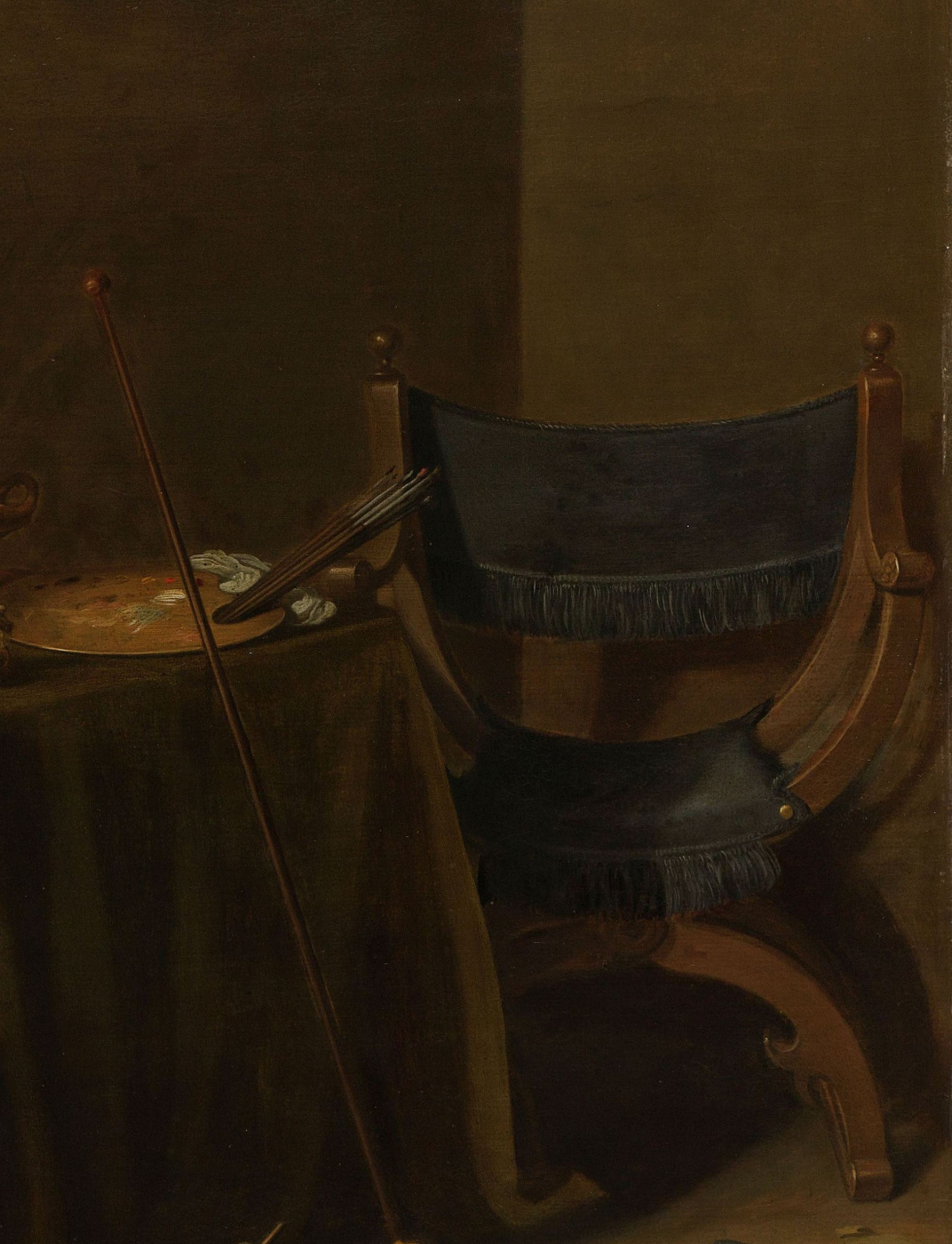 Pieter Claesz. Vanitas. Still-life with a boy pulling out a splinter. Fragment 4. Chair by the table
