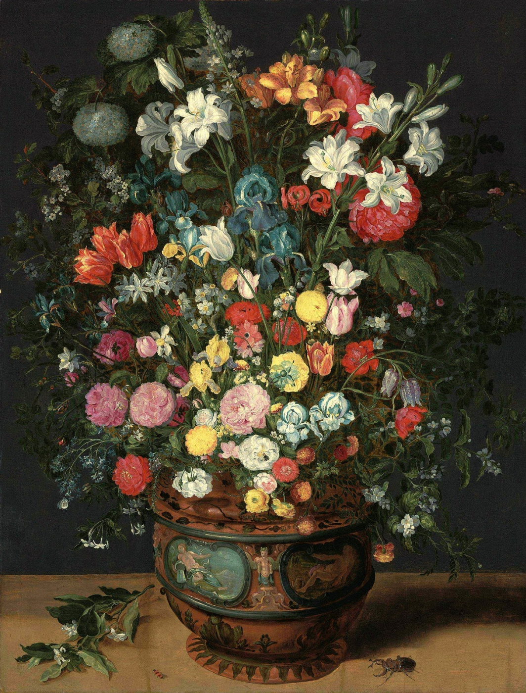 Jan Brueghel the Younger. A large bouquet of lilies, irises, tulips, orchids and peonies in a vase decorated with images of Amphitrite and Ceres