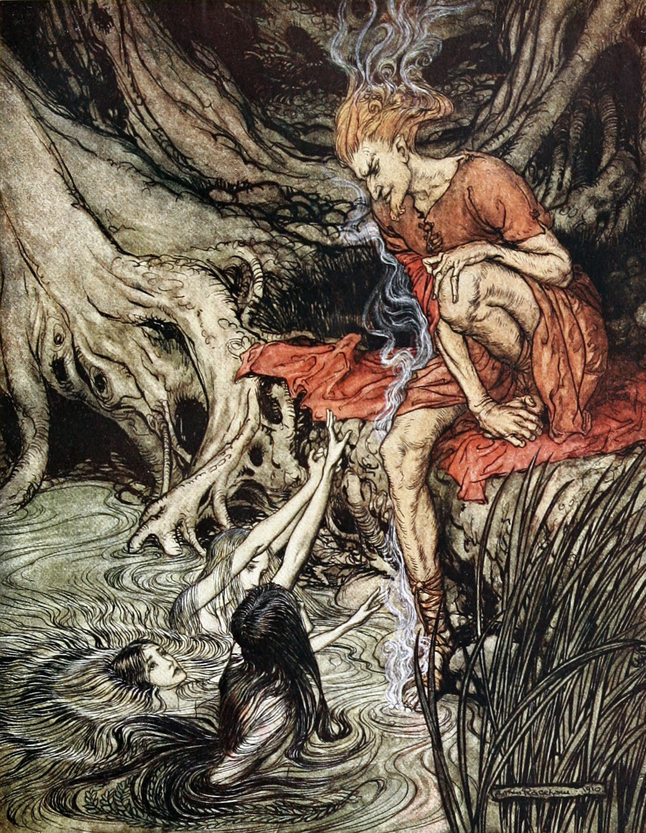 Arthur Rackham The Rhine Maidens Ask For The Help Of God Loki 1910 作品描述 Arthive