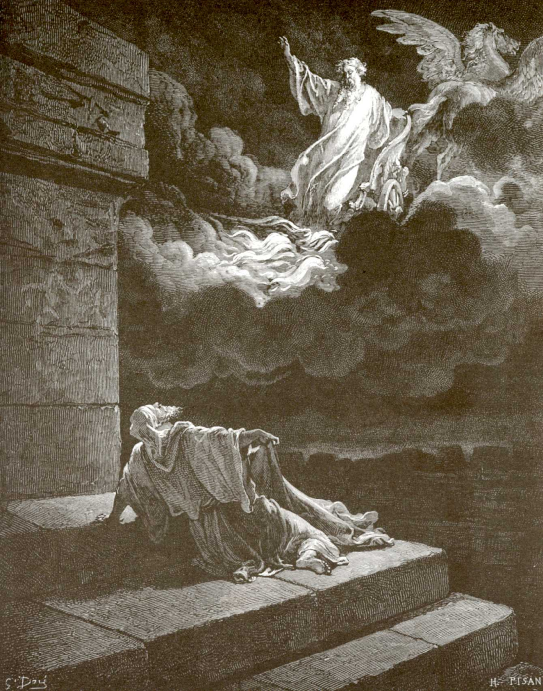 Paul Gustave Dore. Illustration to the Bible: the prophet Elijah on the chariot of fire