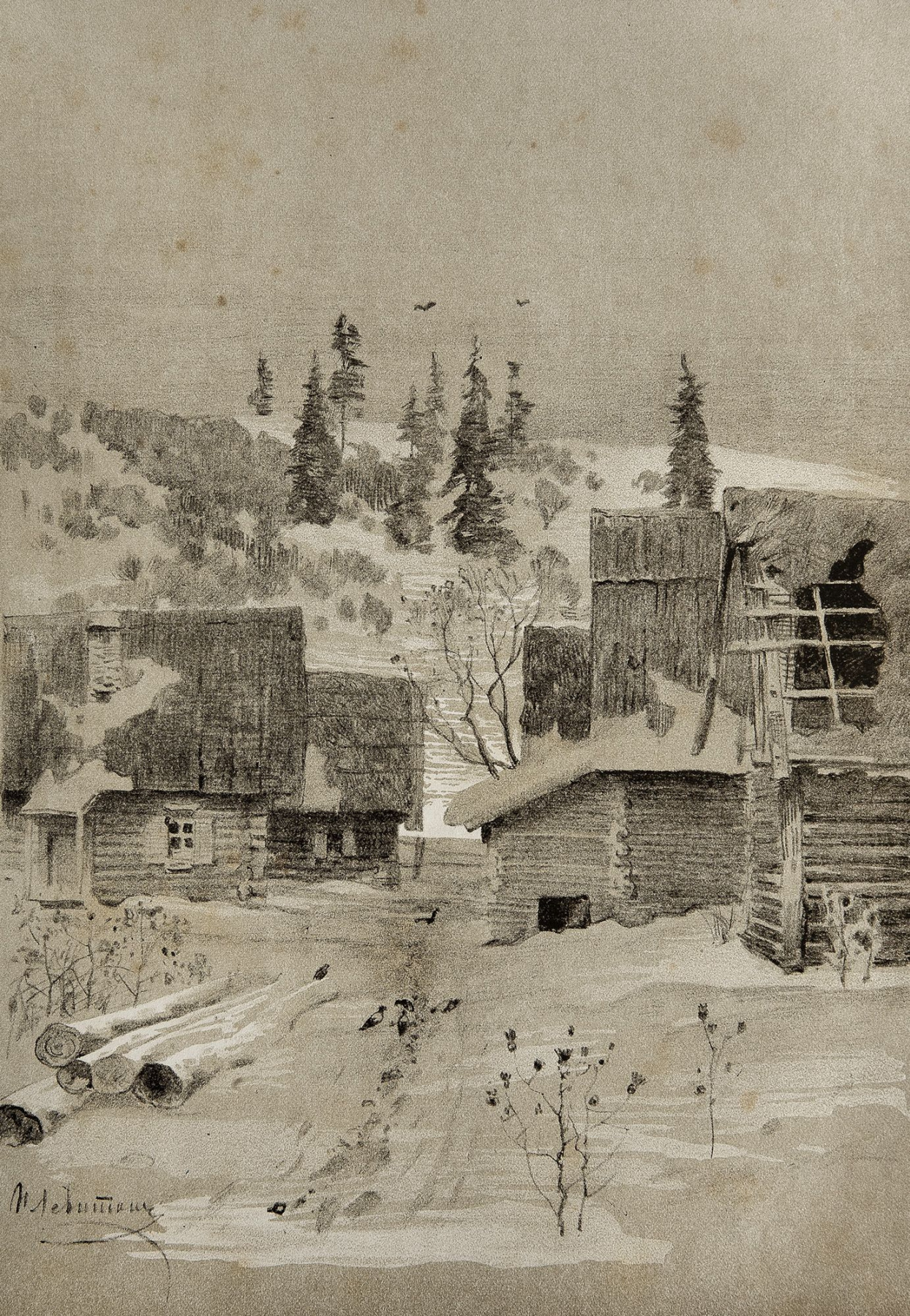 Isaac Levitan. The village. Lithograph in the journal "Russia" (Moscow, 1884). Art Annex to No. 40 (illustration to N. P. Bocharov "near Moscow Switzerland" in № 28)