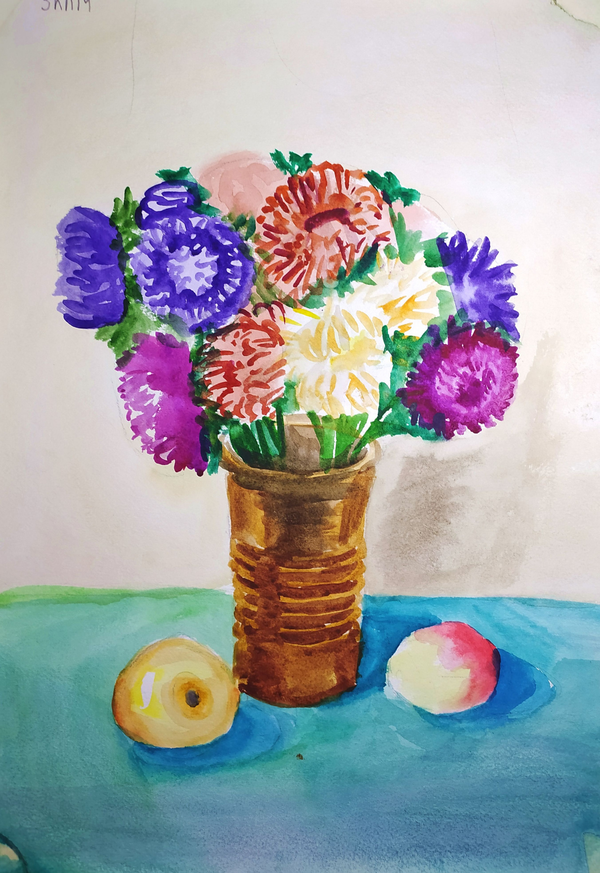 Ariana Arturovna Tolstova. Flowers in a vase, apple, apricot