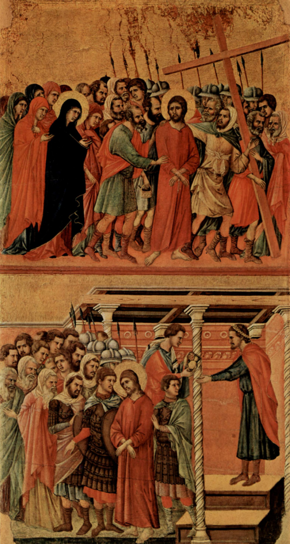 Duccio di Buoninsegna. Maesta, altar of Siena Cathedral, reverse side, Register with scenes of the passion of Christ: the Procession to Calvary