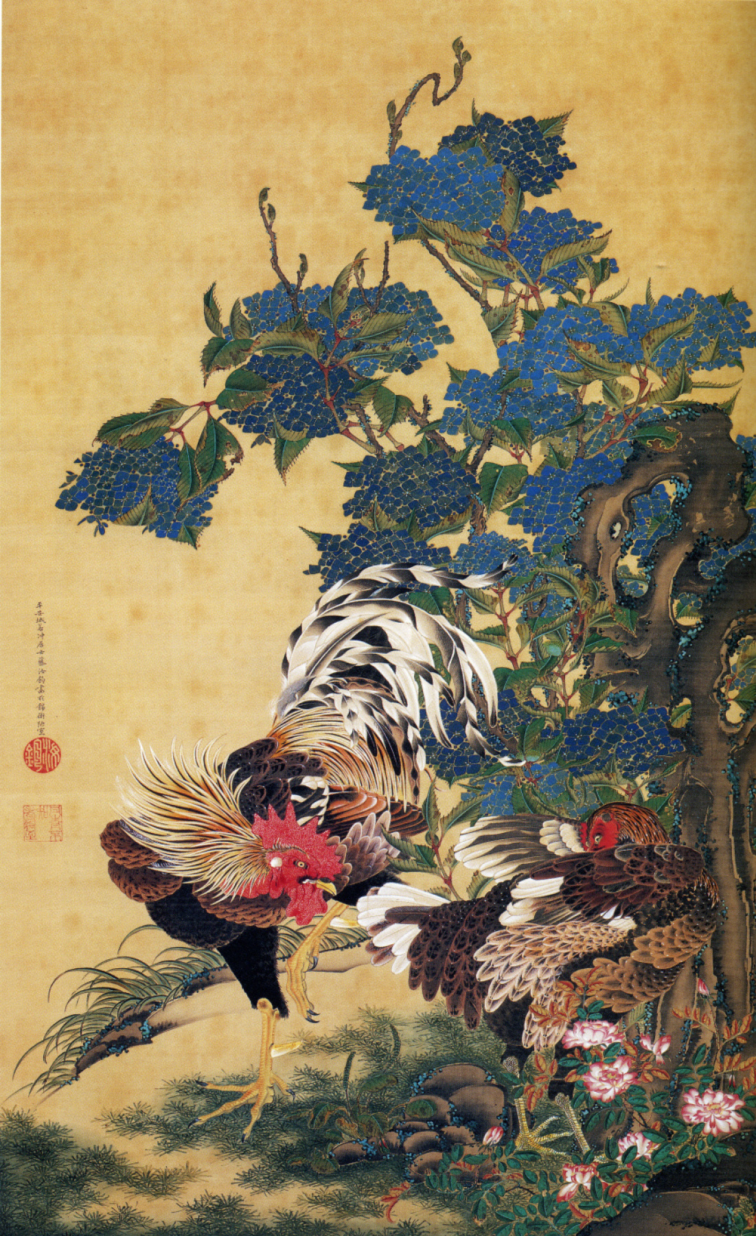 Ito Dziakutu. Rooster and hen on the background of hydrangeas