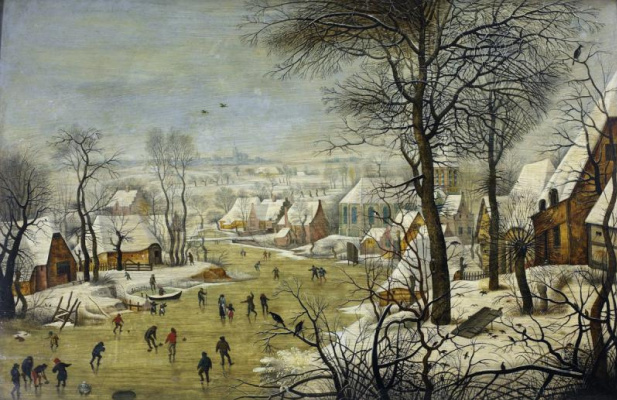 winter landscape with ice skaters and bird trap