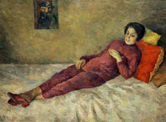 Роберт Фальк. «Женщина, лежащая на тахте под портретом Сезанна (Р.В.Идельсон)». 1929 Роберт Фальк. «Женщина, лежащая на тахте под портретом Сезанна (Р.В.Идельсон)». 1929