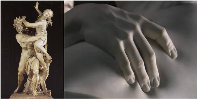 Gian Lorenzo Bernini, Pluto and Persephone (1621 — 1622). Left — sculpture at full height, right — d Gian Lorenzo Bernini, Pluto and Persephone (1621 — 1622). Left — sculpture at full height, right — d