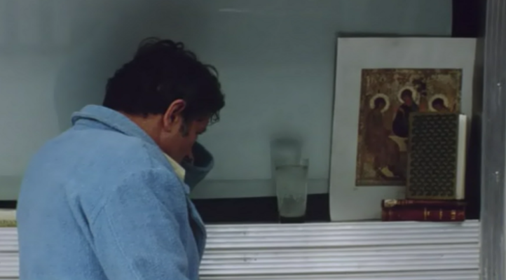 Not accidentally, the protagonist takes a reproduction of the Rublev’s Trinity to the station. Not accidentally, the protagonist takes a reproduction of the Rublev’s Trinity to the station.