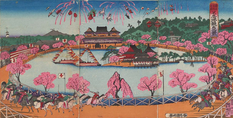 Utagawa Kunitoshi. Triptych: to the horse Races at the pond Shinobazu, Tokyo