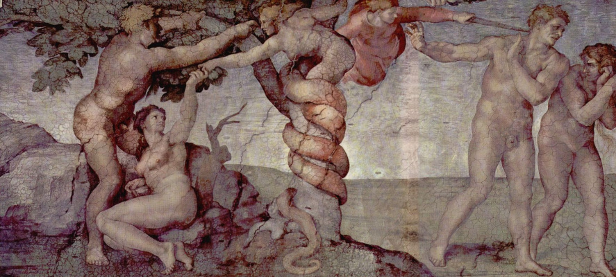 Сикстинская капелла. Роспись потолка. Фрагмент: Грехопадение и Изгнание из Рая