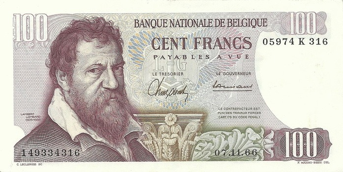 Lambert Lombard (1505-1566). Belgian 100-franc banknote with a self-portrait of Lambert Lombard, which was in circulation before Belgium joined the European Union and switched to the euro