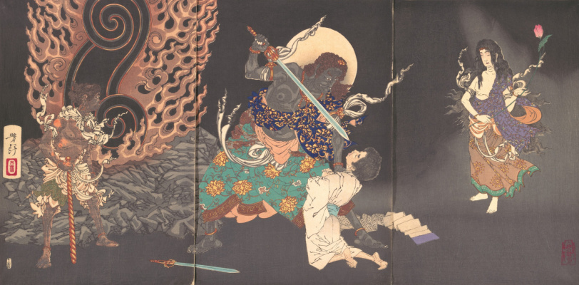 Tsukioka Yoshitoshi. Triptych: Fudo, There threatens a novice