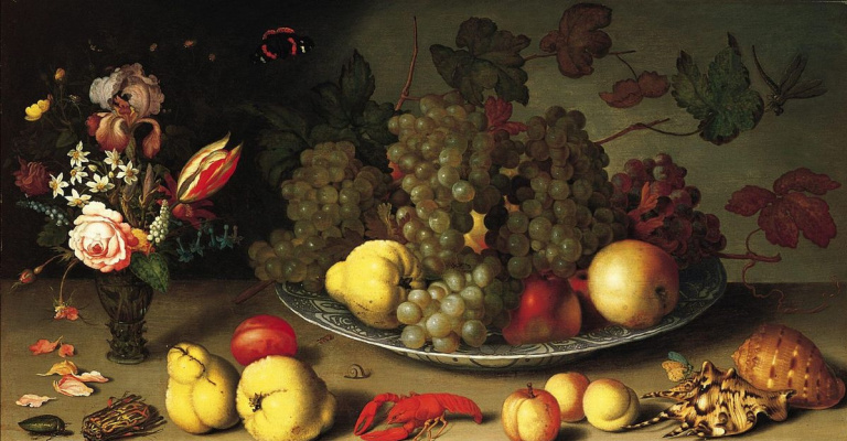 Balthasar van der Ast. Still life with fruit and flowers in a vase