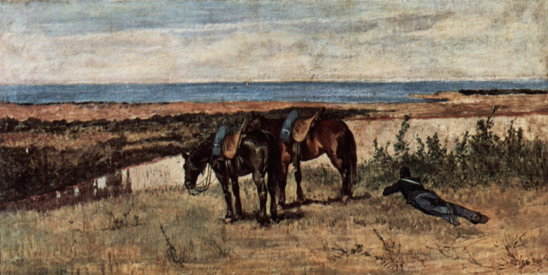 Giovanni Fattori. Soldier with two horses on the seashore
