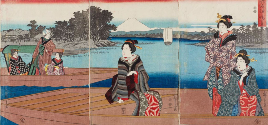 Utagawa Hiroshige. Triptych: view of a ferry on Rokugo, mount Fuji on the horizon
