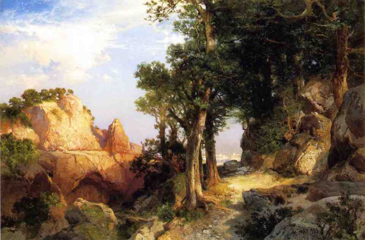 Monterey Coast in landscape with trees rocks Huge Oil painting Thomas Moran 