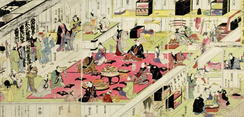 Utagawa Kunisada. Triptych: a Celebration of the premiere of behind the scenes Nakamura