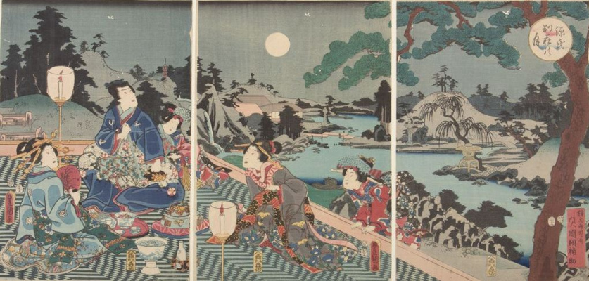 Utagawa Kunisada. Triptych: a Full moon over the house of Genji