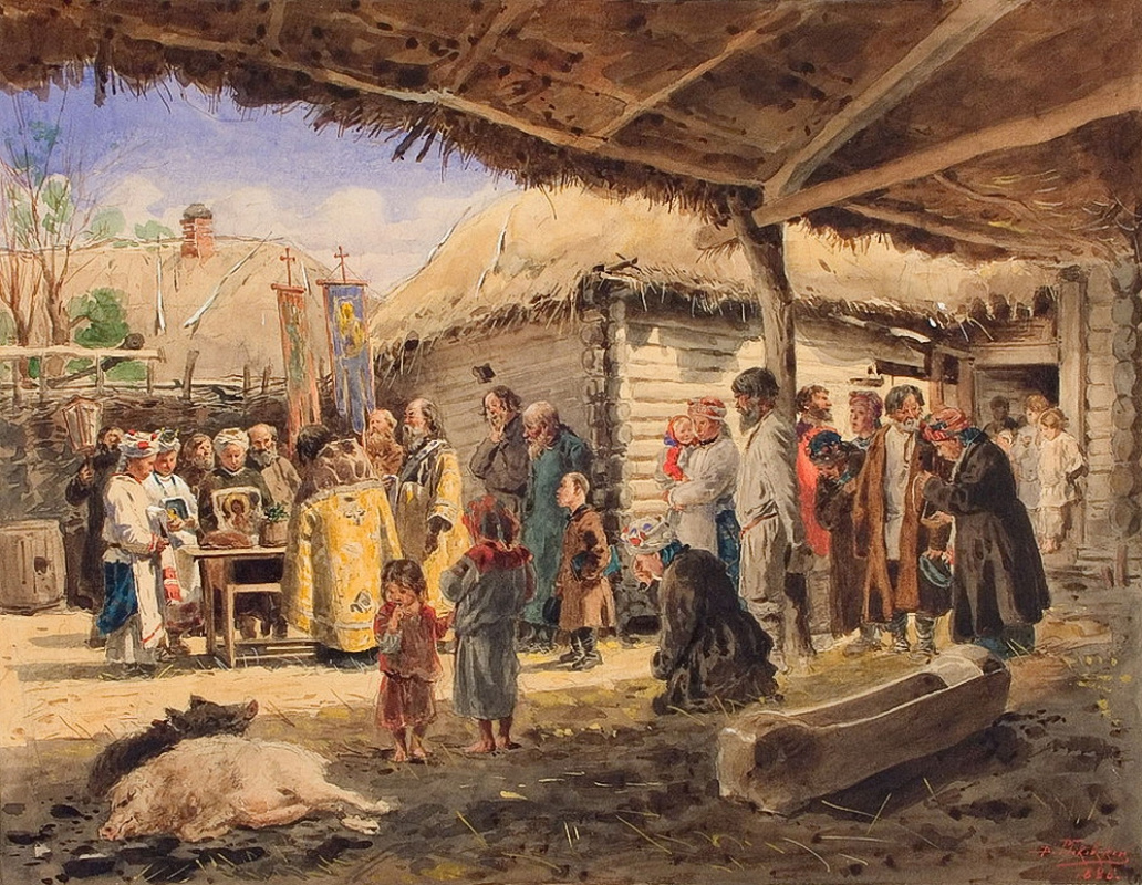 Опишите повседневную жизнь украинских крестьян в 17. Картины Владимира Маковского молебен на Пасхе 1887.