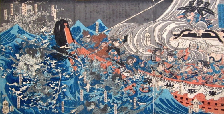Utagawa Kuniyoshi. Triptych: the Ghosts of the Taira clan attacking Yoshitsune's ship in the Bay of Daimio in 1185