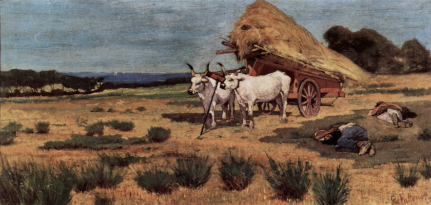 Giovanni Fattori. Holiday in Maremma. Peasants and harnessed to a team of oxen.