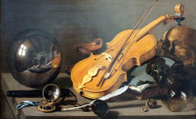 彼得 克拉斯. VANITAS。与小提琴和玻璃球的静物画