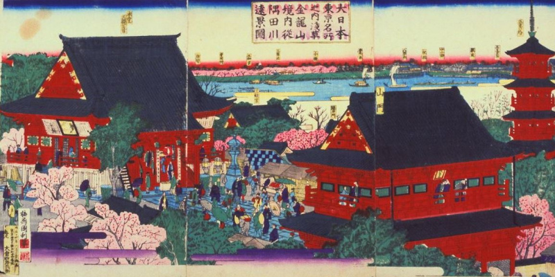 Utagawa Kunitoshi. Triptych: the Sumida River at the walls of the temple, Konradsen Senso-JI temple in Asakusa