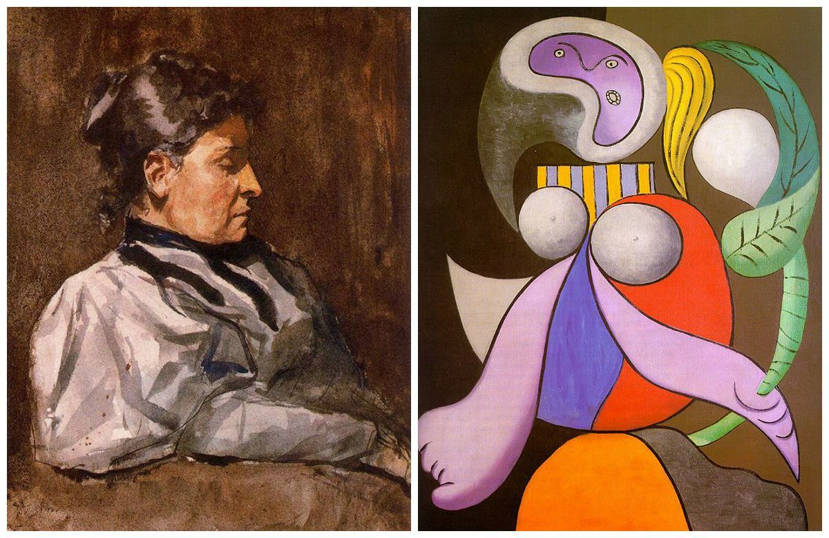 Pablo Picasso. The realistic Portrait of the Artist’s Mother (1896) and a surrealistic composition p Pablo Picasso. The realistic Portrait of the Artist’s Mother (1896) and a surrealistic composition p