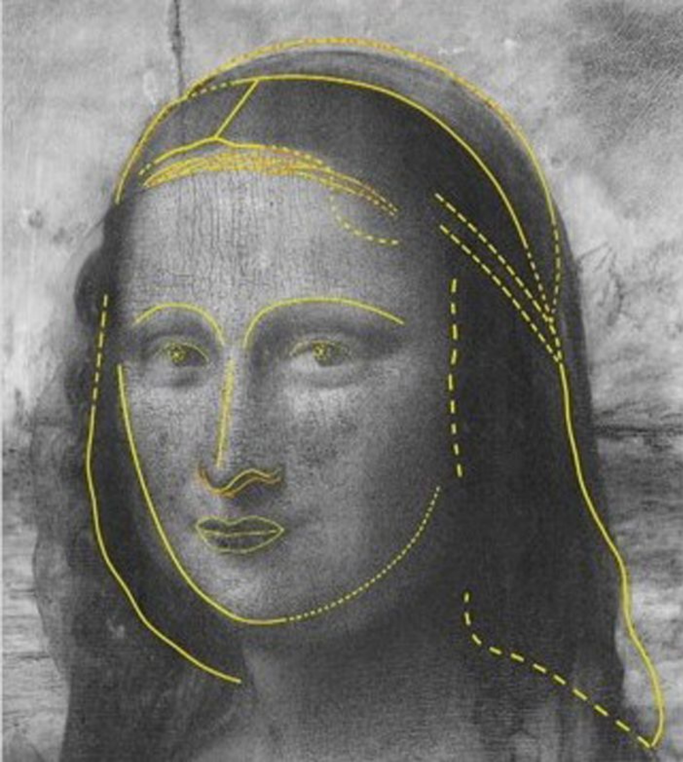 Другой портрет. Mona Lisa Pascal Cotte. Мона Лиза скрытый изображения. Знаменитая картиииа лица с линиями. Скрытый портрет Джоконды с белой вуалью.