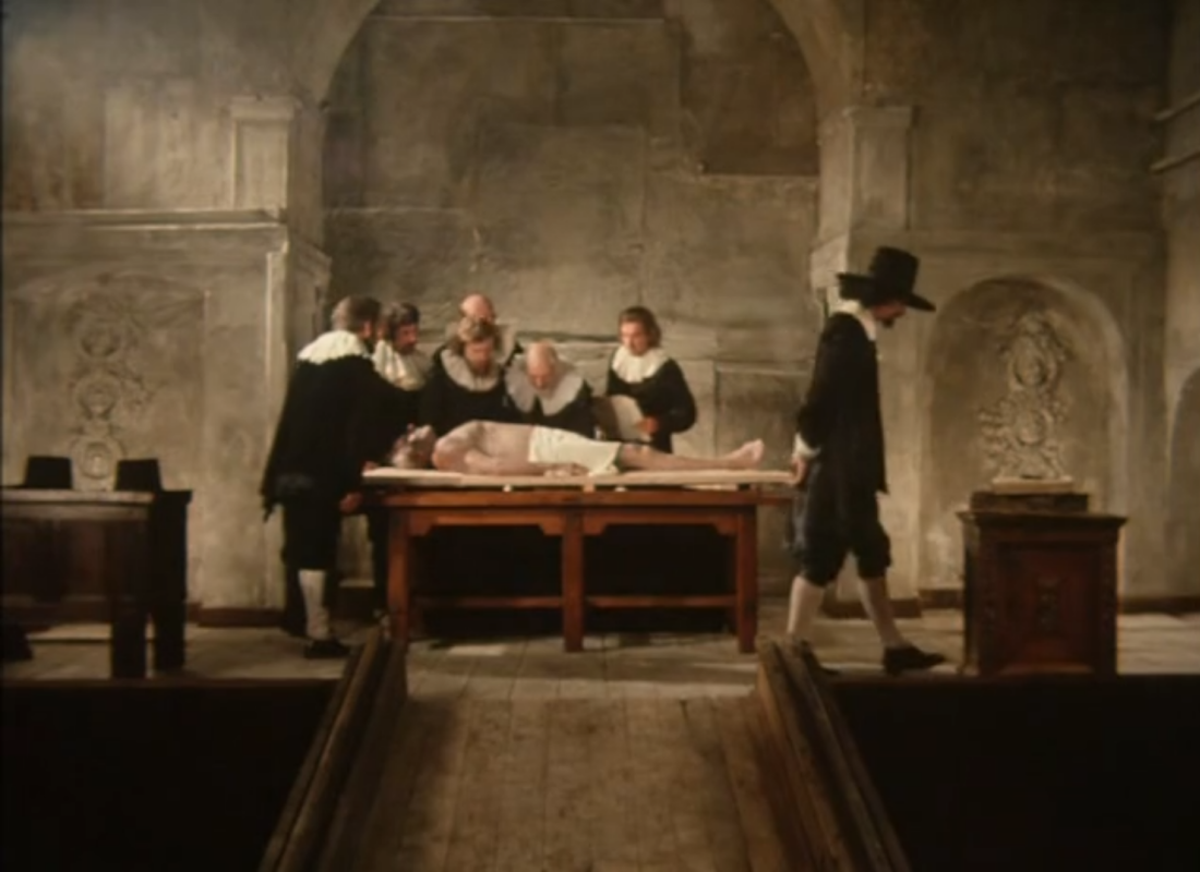 Рембрандт смотрит на опыты доктора Тульпа по вскрытию трупа в анатомическом театре.