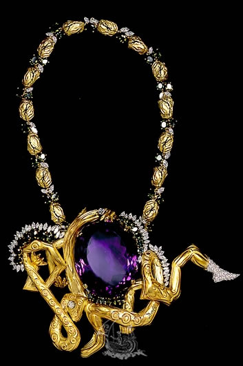 Salvador Dalí. Necklace with Entwined Limbs (Choreographic Necklace), c. 1964, gold, diamonds, ameth Salvador Dalí. Necklace with Entwined Limbs (Choreographic Necklace), c. 1964, gold, diamonds, ameth