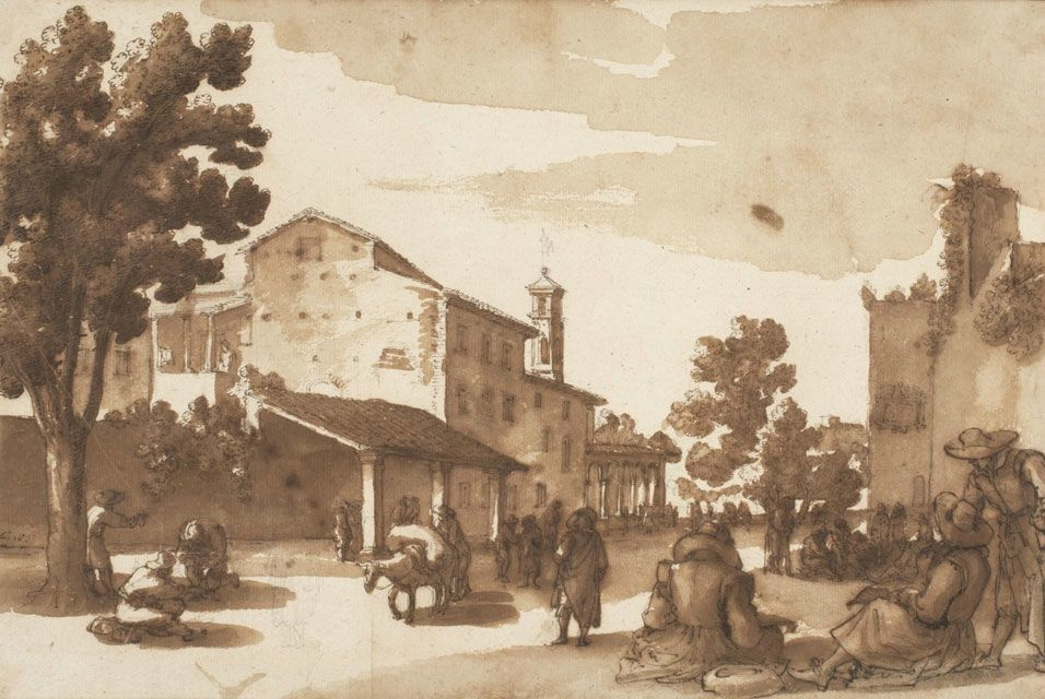 Ремиджио Кантагаллина: Сцена на сельской площади в Тоскане, 1633. Коричневые чернила, чёрный мел и г Ремиджио Кантагаллина: Сцена на сельской площади в Тоскане, 1633. Коричневые чернила, чёрный мел и г
