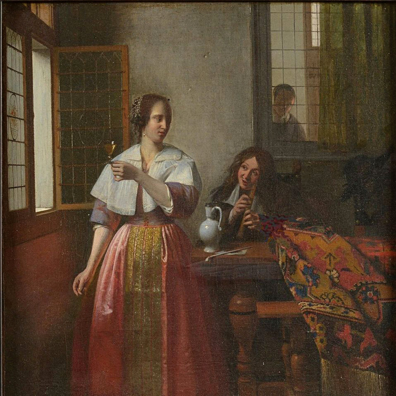 Неизвестный художник, «Девушка с бокалом вина и флейтист» (1660-е). Источник: Kaizerskapel, Antwerp 
