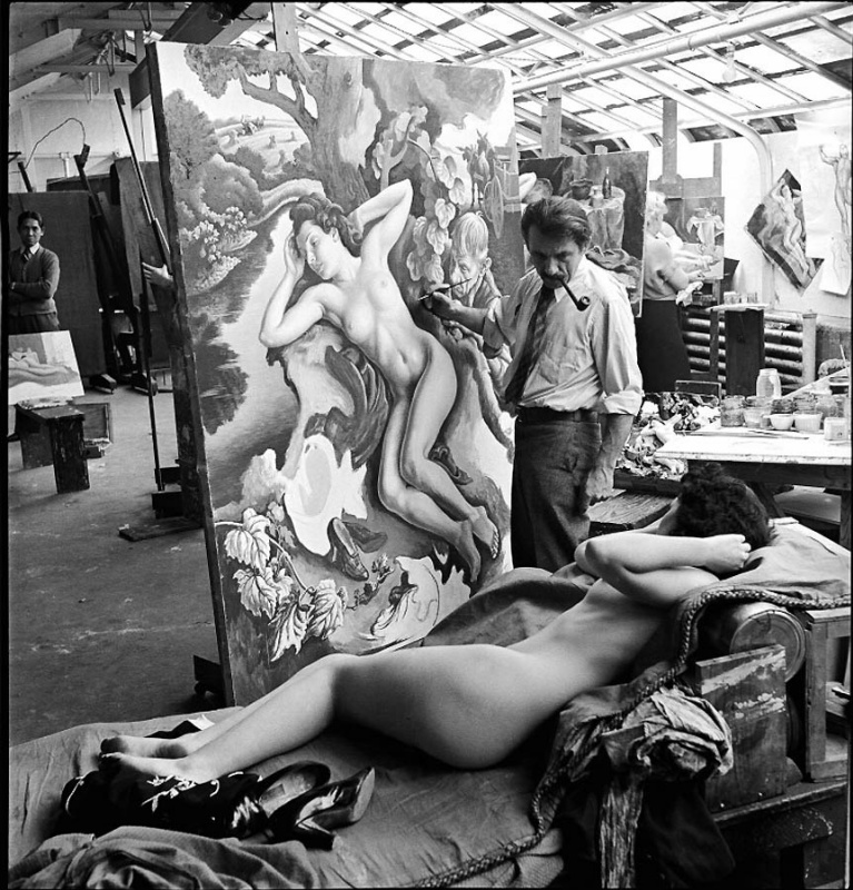 Work on the The Rape of Persephone painting. Thomas Hart Benton and his apprentice, a student of the Work on the The Rape of Persephone painting. Thomas Hart Benton and his apprentice, a student of the