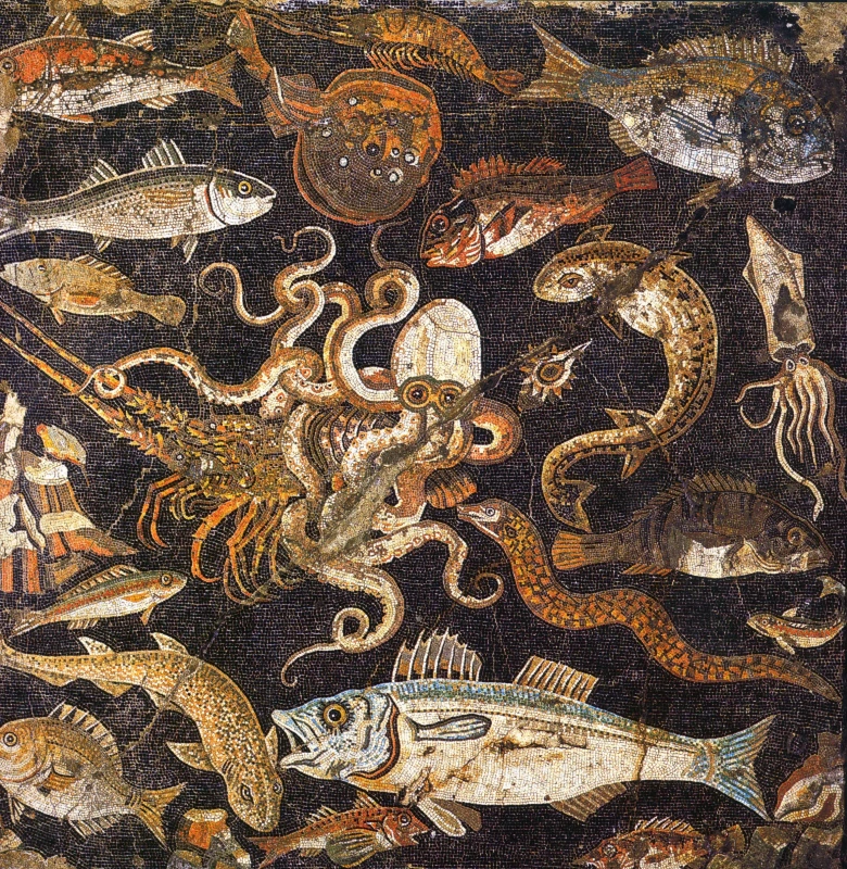 Морская мозаика, Помпеи. Техника opus vermiculatum. Национальный археологический музей. Неаполь, Ита Морская мозаика, Помпеи. Техника opus vermiculatum. Национальный археологический музей. Неаполь, Ита