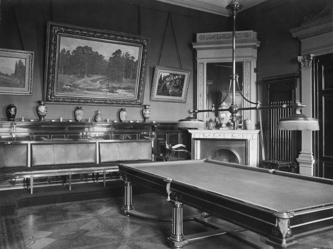 In the photo from the Hermitage collection: the billiard room of Nicholas II. The large landscape in In the photo from the Hermitage collection: the billiard room of Nicholas II. The large landscape in