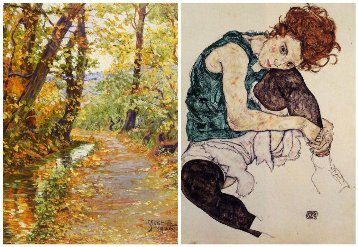 Egon Schiele. Impressionist Winding Brook (1906) landscape, the artwork by a 16-year-old man and one Egon Schiele. Impressionist Winding Brook (1906) landscape, the artwork by a 16-year-old man and one