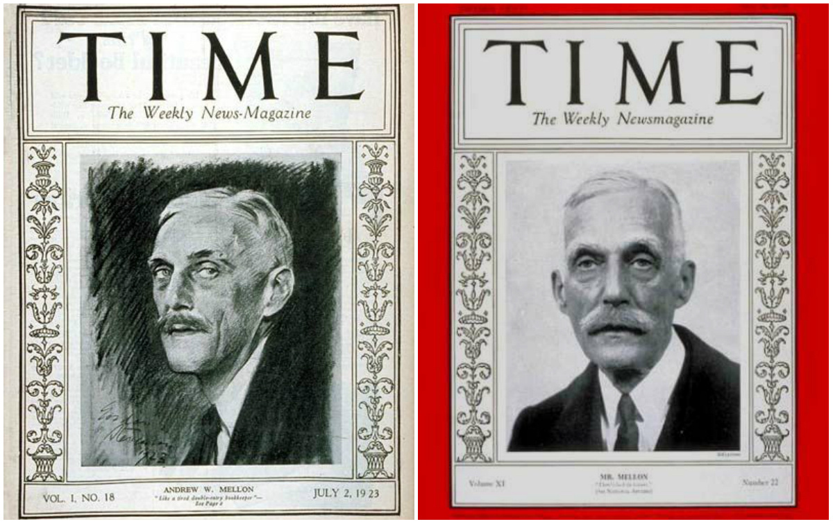 Andrew Mellon on the cover of Time magazine in 1923 and 1928. Andrew Mellon on the cover of Time magazine in 1923 and 1928.