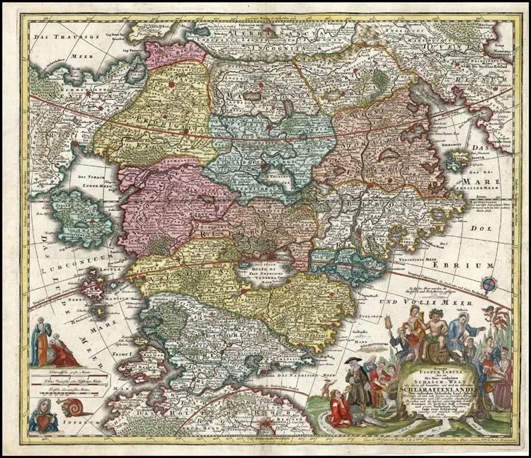 Johann Baptist Homann (1664 — 1724) "Accurata Utopiae Tabula", map of Cockaigne published by Matthäu