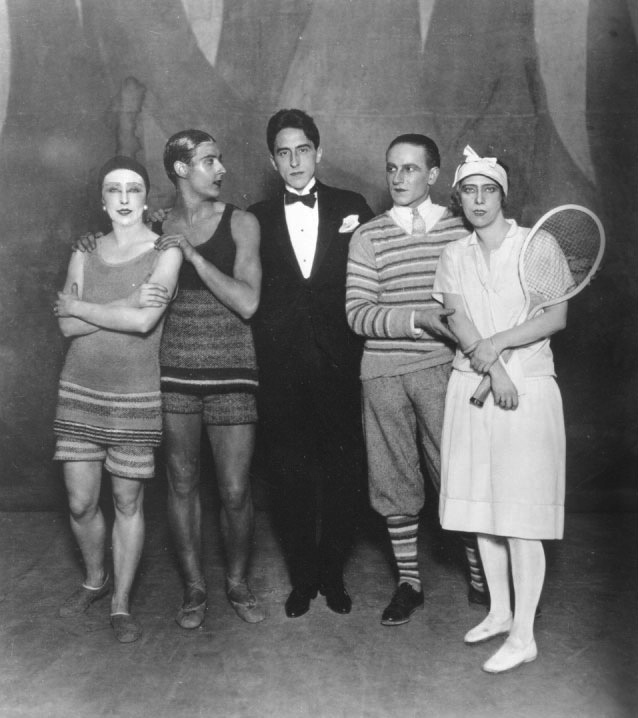 Bronislava Nijinska, Anton Dolin, Jean Cocteau, Leon Wolzikowski and Lydia Sokolova on stage of Le T