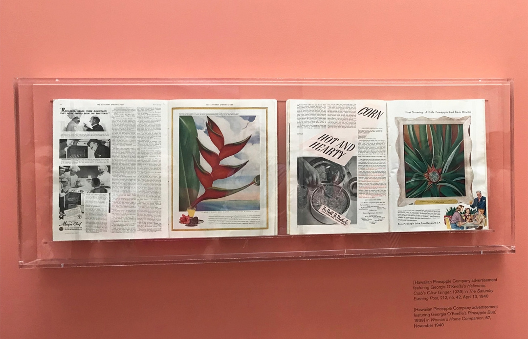 Advertisements for Hawaiian Pineapple Company (now known as Dole) featuring O’Keeffe’s work in print Advertisements for Hawaiian Pineapple Company (now known as Dole) featuring O’Keeffe’s work in print