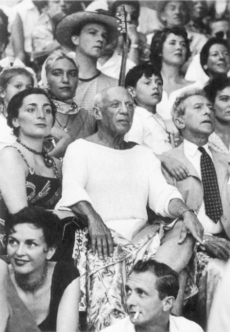 Pablo Picasso, Jacqueline Roque and Jean Cocteau at a bullfight, Vallauris, 1955. Pablo Picasso, Jacqueline Roque and Jean Cocteau at a bullfight, Vallauris, 1955.