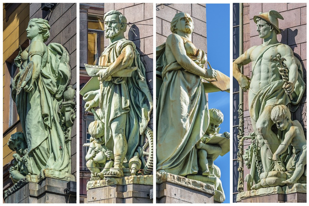 Four sculptures by A. G. Adamson are installed on the façade of the Eliseev Brothers Trade Partnersh