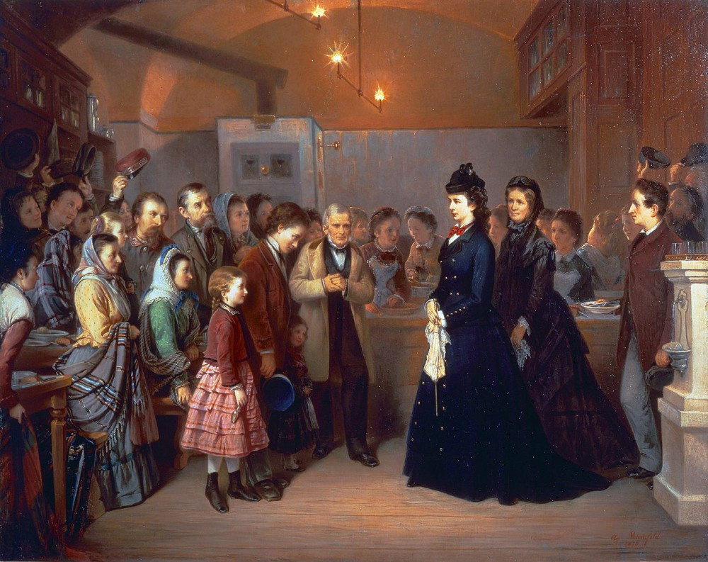 August Heinrich Mansfeld. The Empress Elisabeth of Austria visits a soup kitchen, 1875