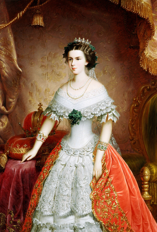 Franz Russ Sr. Elizabeth of Bavaria, wife of the Emperor of Austria, wearing a white dress with diam